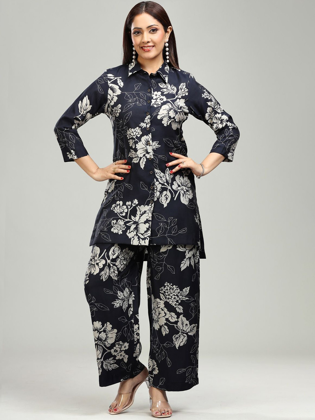

COTTON CULTURE Floral Printed Pure Silk Shirt With Trousers, Navy blue