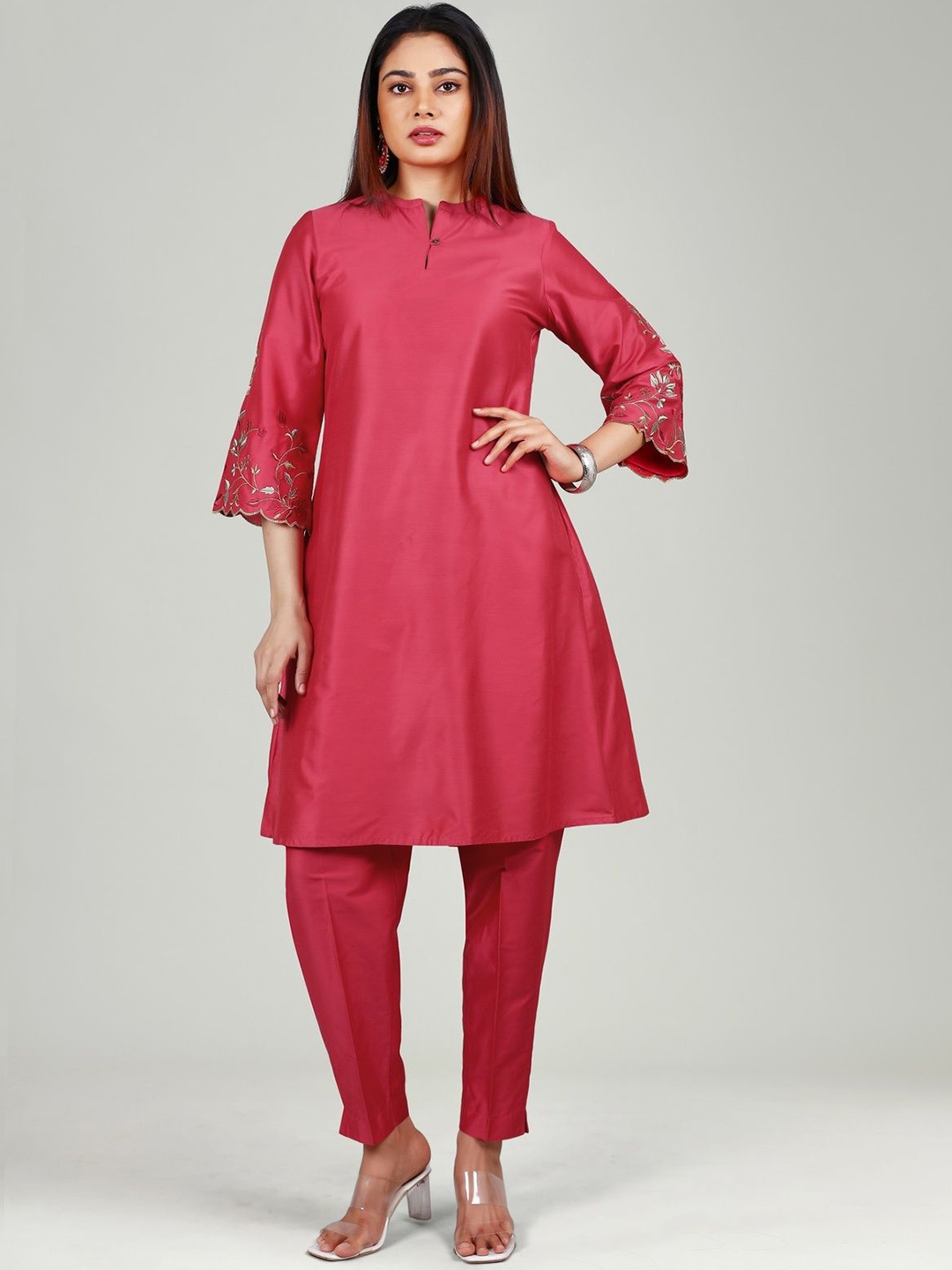 

COTTON CULTURE Mandarin Collar Regular A-Line Kurta with Trousers, Pink