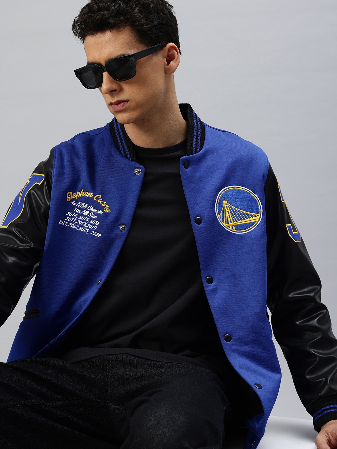 

NBA Colourblocked Steph Curry Golden State Warriors Varsity Jacket, Blue