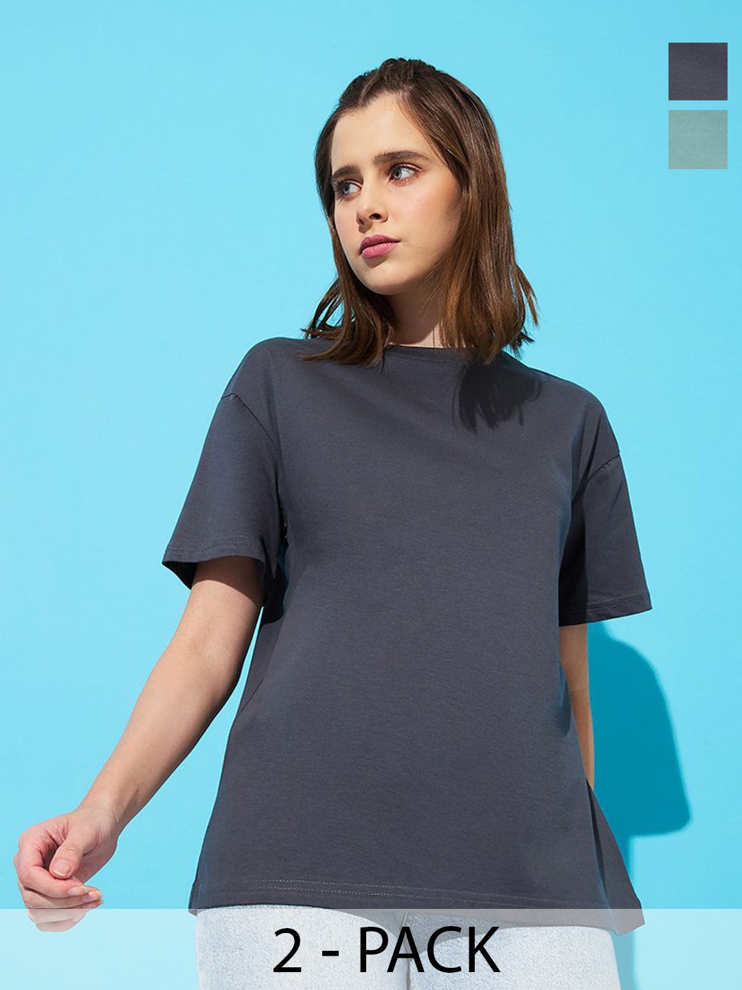 

The Roadster Lifestyle Co. Women Pack Of 2 Solid Round Neck Cotton Relaxed Fit T-shirts, Charcoal