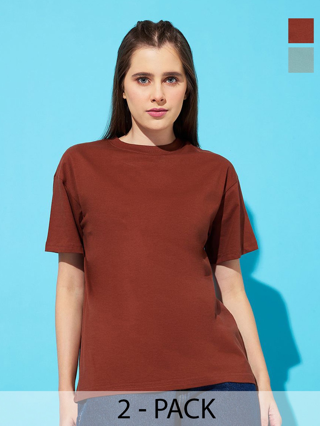 The Roadster Lifestyle Co. Women Pack Of 2 Solid Round Neck Cotton Relaxed Fit T-shirts, Maroon