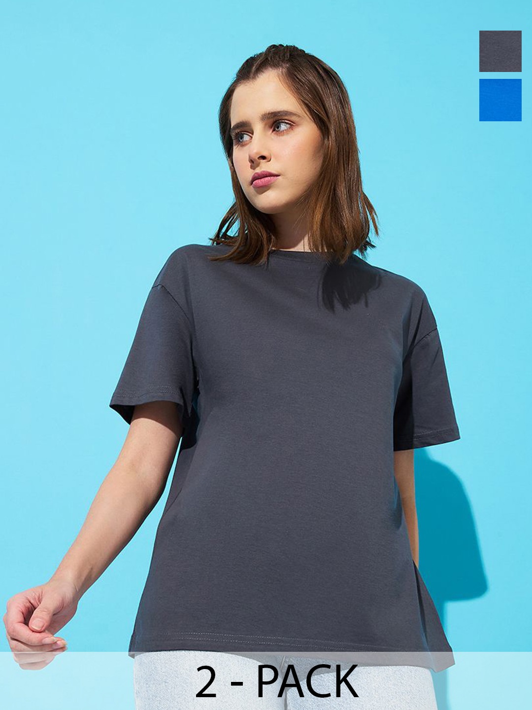 

The Roadster Lifestyle Co. Women Pack Of 2 Solid Round Neck Cotton Relaxed Fit T-shirts, Blue