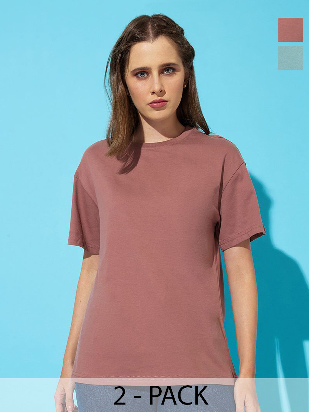 

The Roadster Lifestyle Co. Women Pack Of 2 Solid Round Neck Cotton Relaxed Fit T-shirts, Mauve