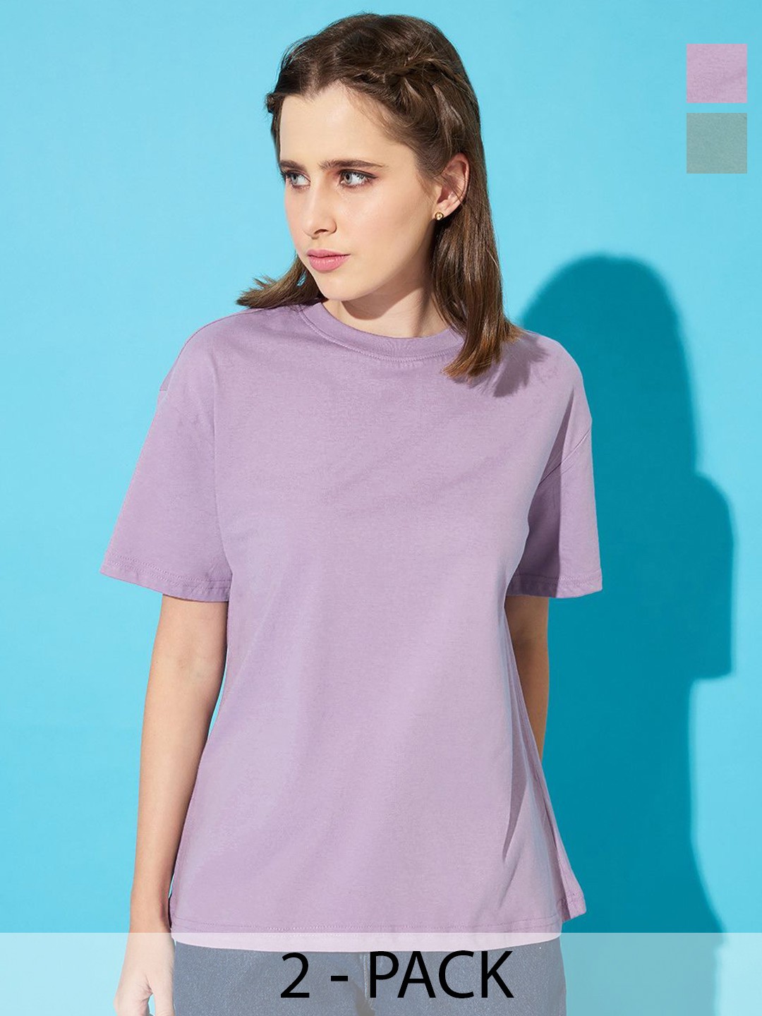 

The Roadster Lifestyle Co. Women Pack Of 2 Solid Round Neck Cotton Relaxed Fit T-shirts, Green