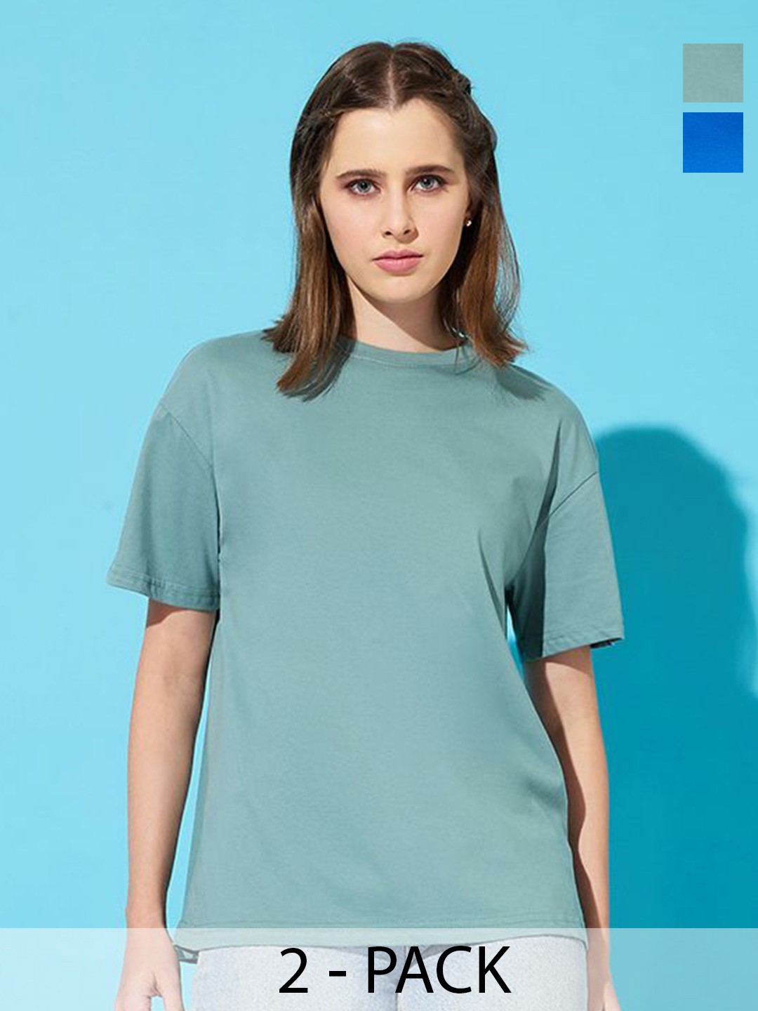 

The Roadster Lifestyle Co. Women Pack Of 2 Solid Round Neck Cotton Relaxed Fit T-shirts, Blue