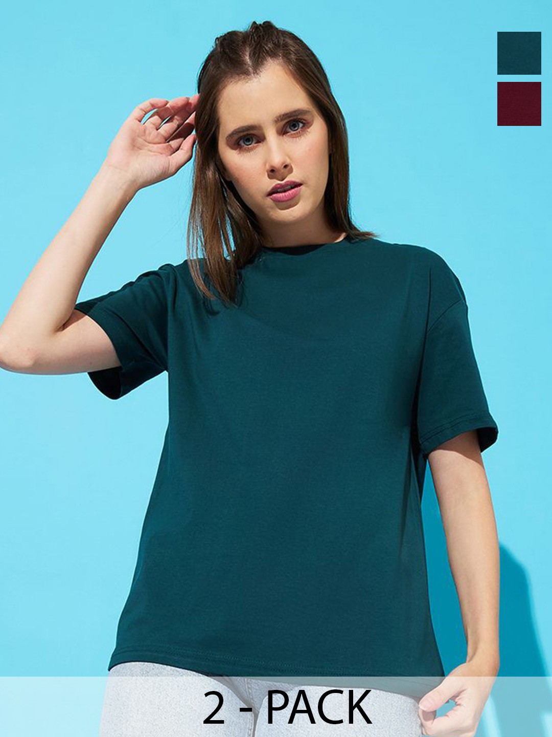 

The Roadster Lifestyle Co. Women Pack Of 2 Solid Round Neck Cotton Relaxed Fit T-shirts, Teal
