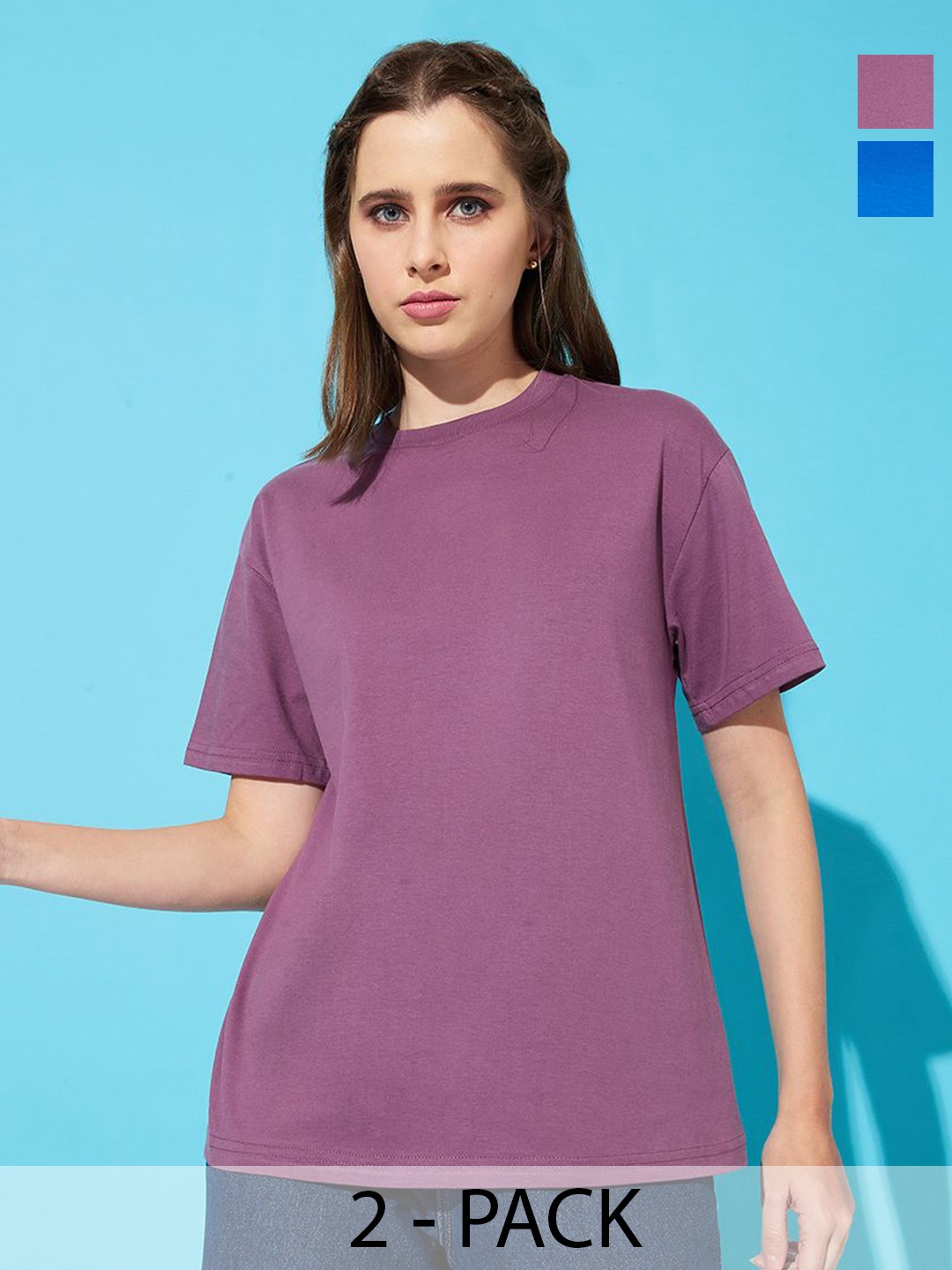 

The Roadster Lifestyle Co. Women Pack Of 2 Solid Round Neck Cotton Relaxed Fit T-shirts, Blue