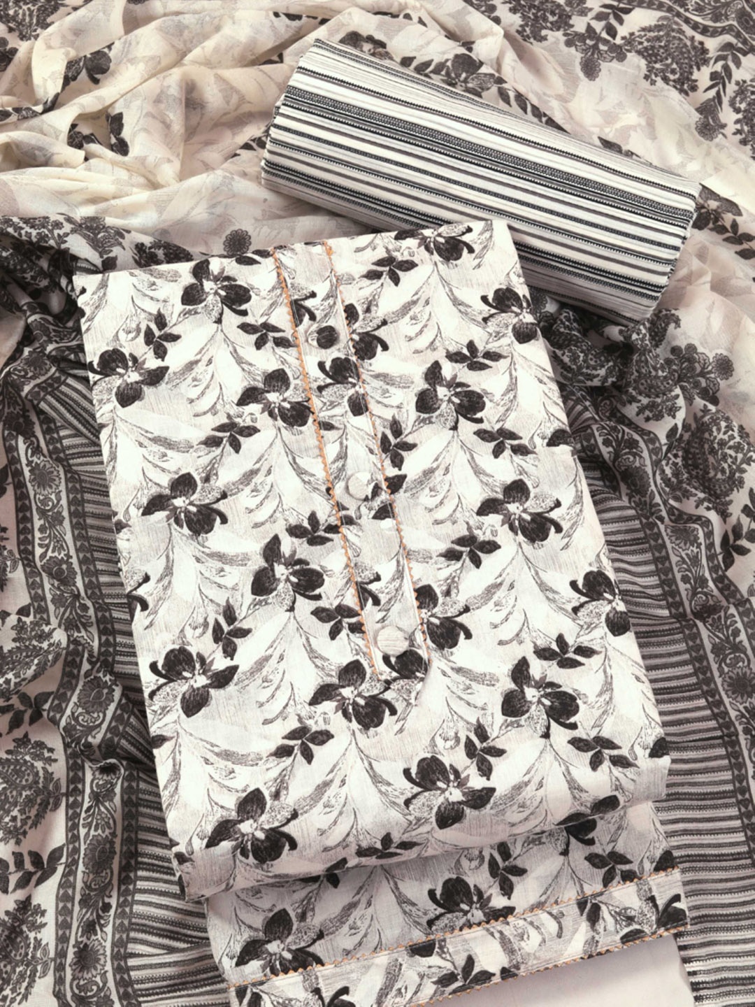

Panzora Floral Printed Gotta Patti Unstitched Dress Material, White