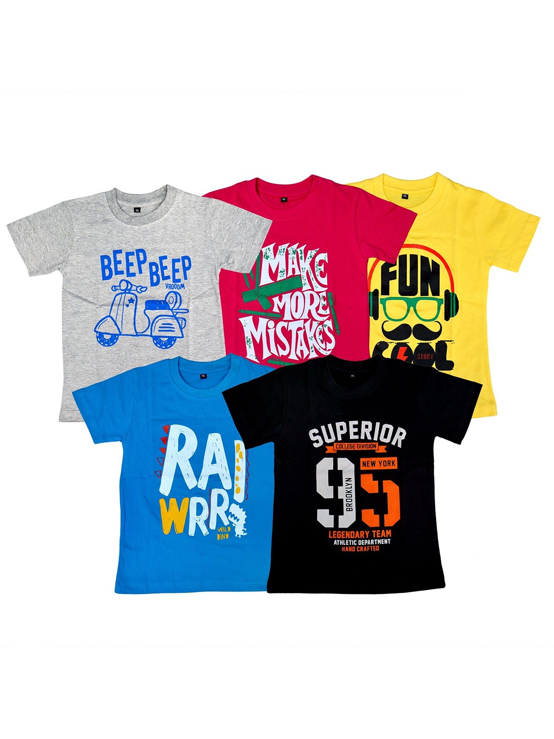 

FAZZA Boys Pack Of 5 Typography Printed Round Neck Cotton T-shirts, Grey