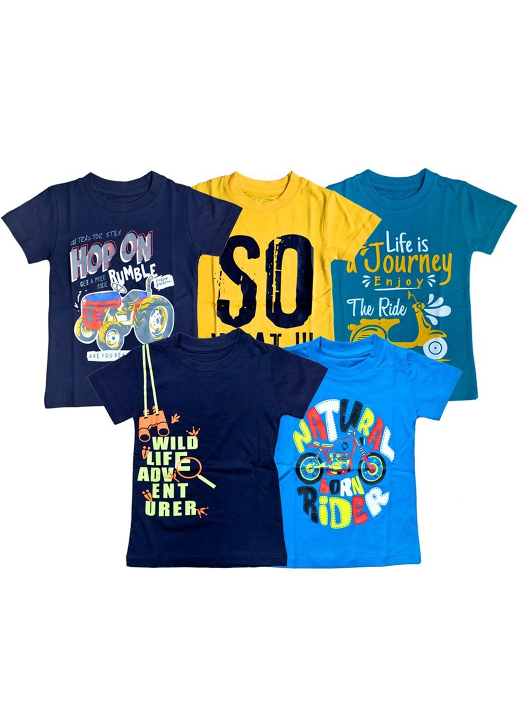 

FAZZA Boys Pack Of 5 Typography Printed Round Neck Cotton T-shirts, Yellow