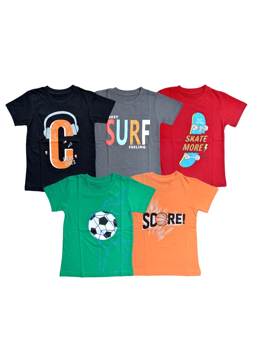 FAZZA Boys Pack Of 5 Typography Printed Round Neck Cotton T-shirts, Black