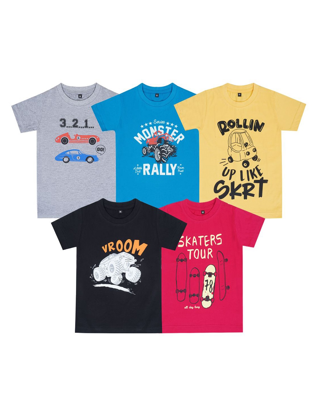 

FAZZA Boys Pack Of 5 Typography Printed Round Neck Cotton T-shirts, Grey