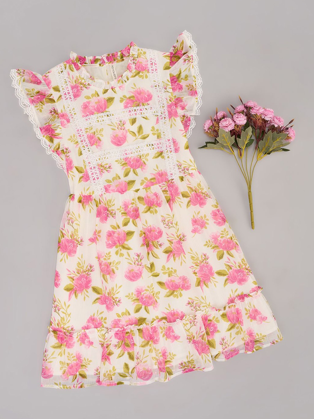 Pantaloons Junior Girls Floral Printed Fit & Flare Dress, Green