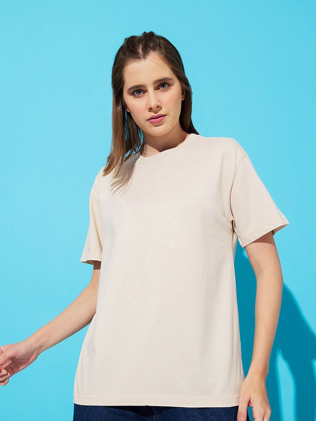 

The Roadster Lifestyle Co. Women Pack Of 2 Solid Round Neck Cotton T-shirts, Beige