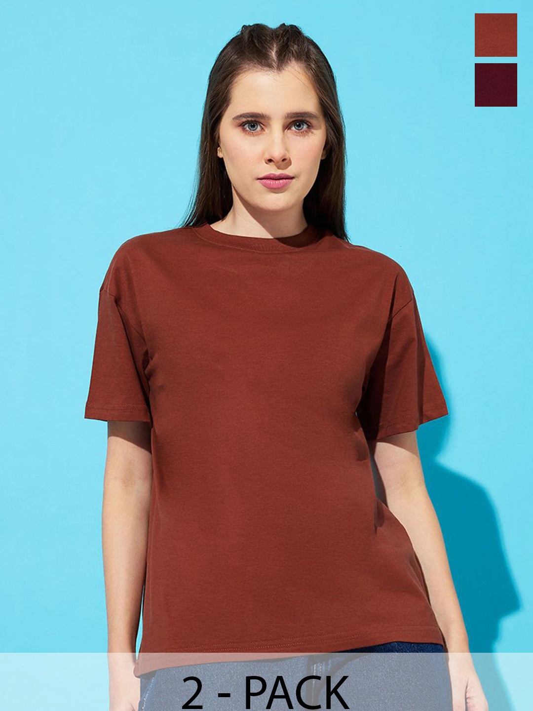 

The Roadster Lifestyle Co. Women Pack Of 2 Solid Round Neck Cotton T-shirts, Brown