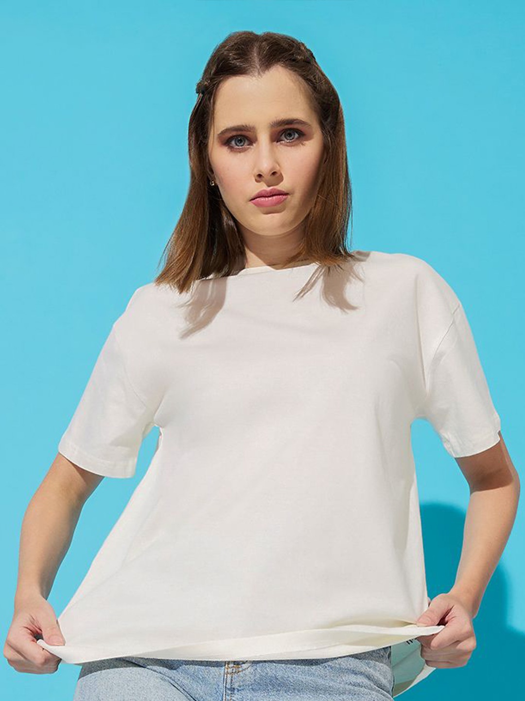 

The Roadster Lifestyle Co. Women Pack Of 2 Solid Round Neck Cotton T-shirts, Off white