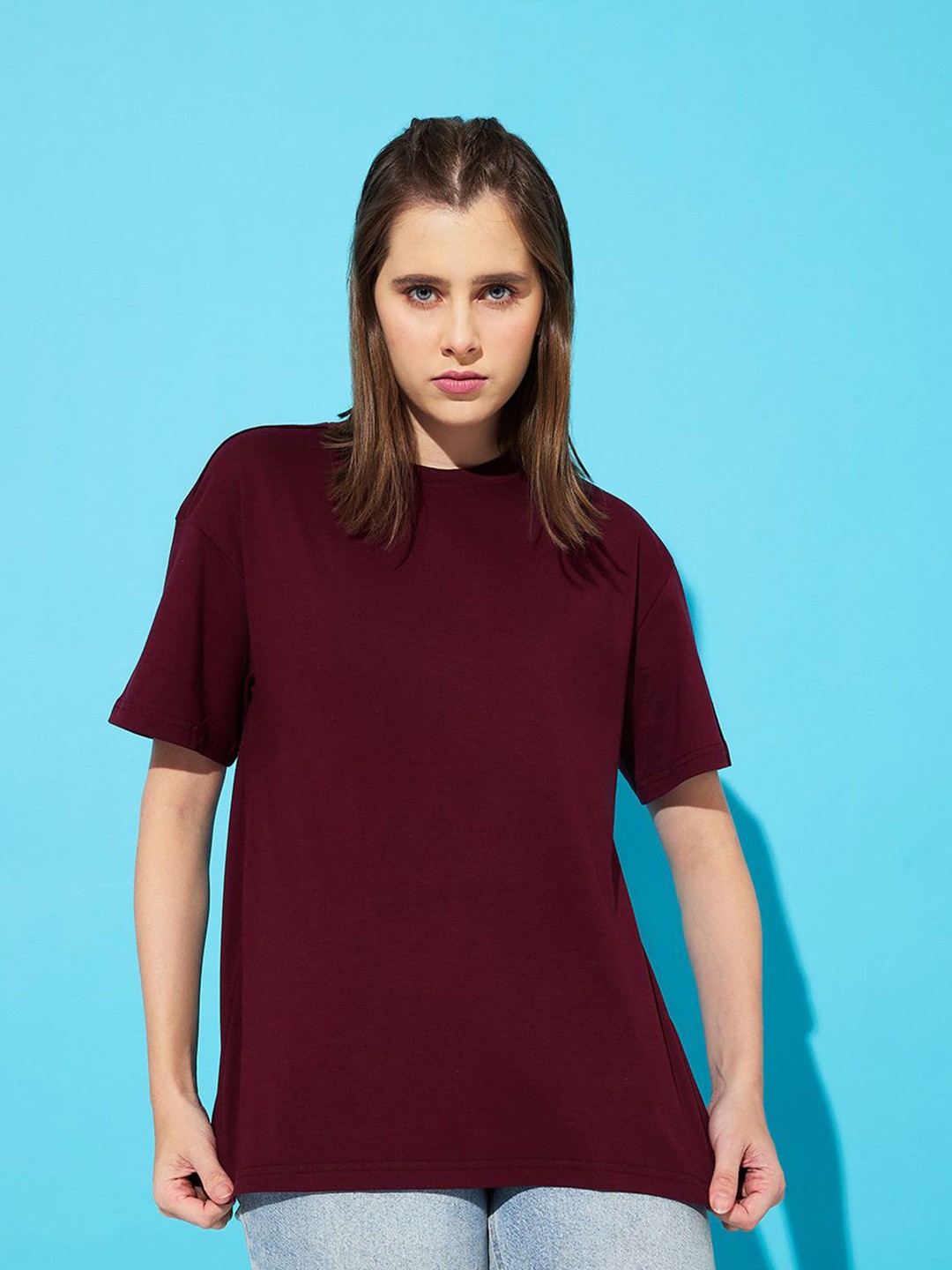 

The Roadster Lifestyle Co. Women Pack Of 2 Solid Round Neck Cotton Relaxed Fit T-shirts, Purple