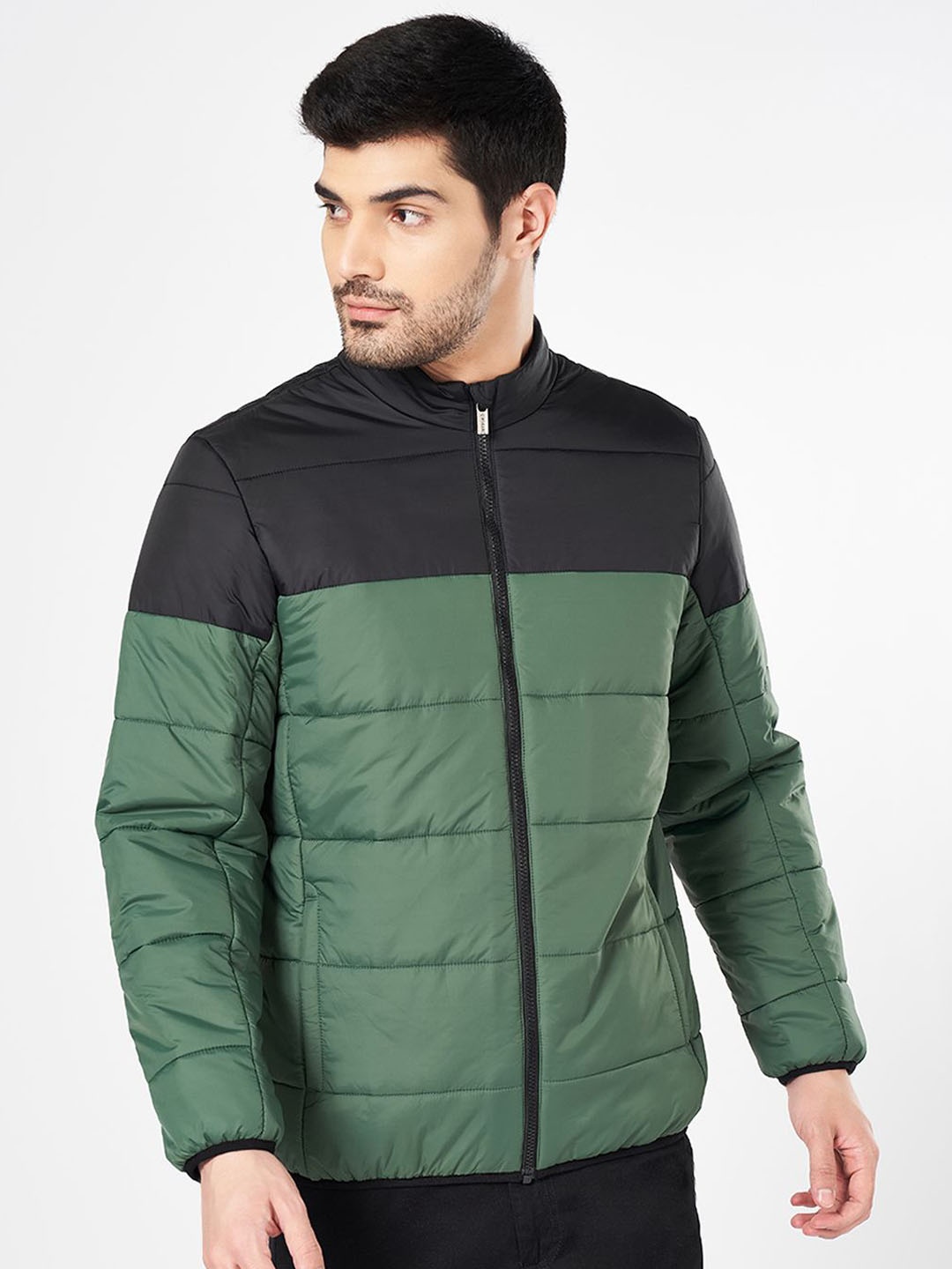 

BYFORD by Pantaloons Men Mock Collar Colourblocked Casual Puffer Jacket, Olive