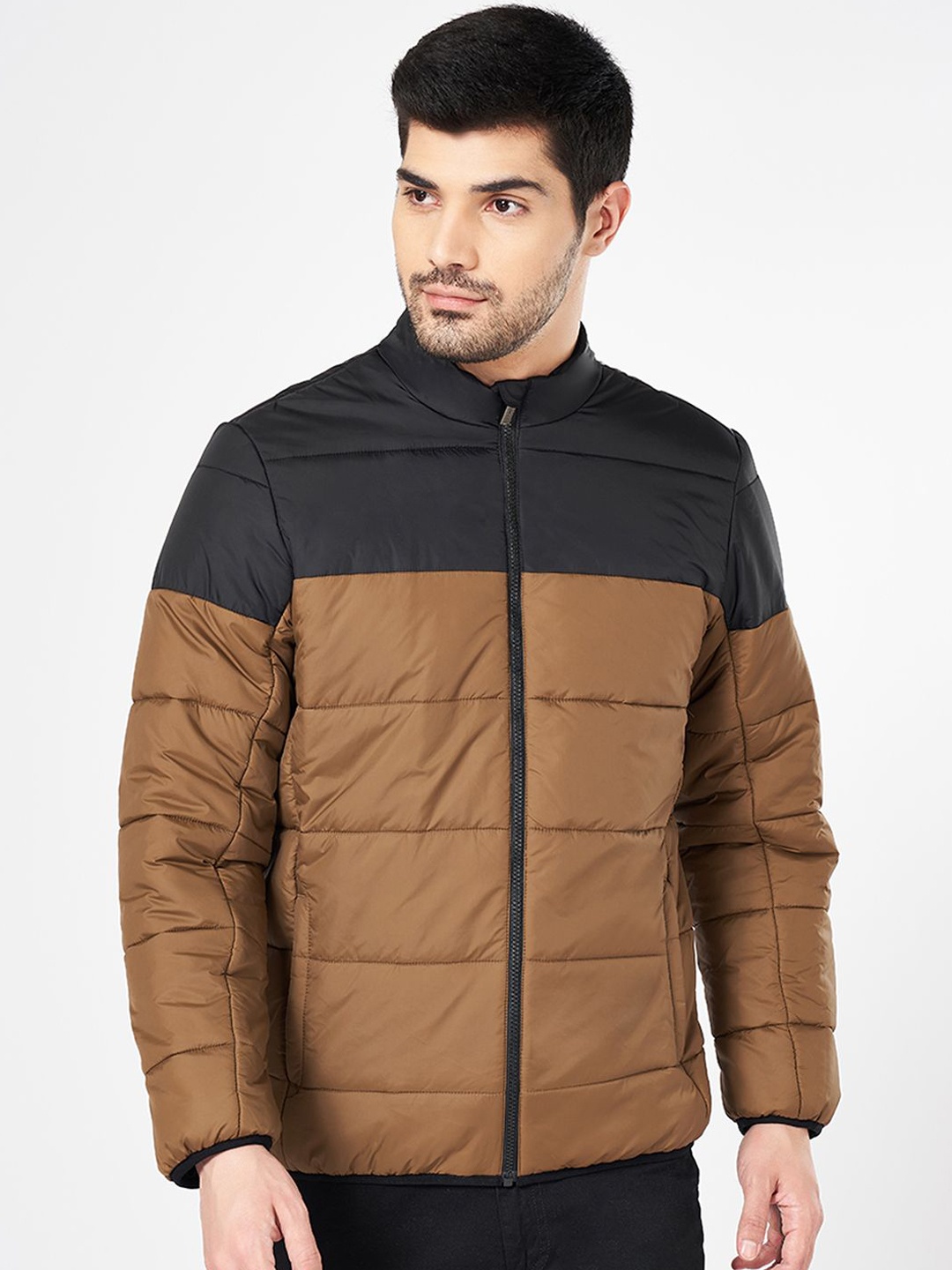 

BYFORD by Pantaloons Men Mock Collar Colourblocked Casual Puffer Jacket, Brown