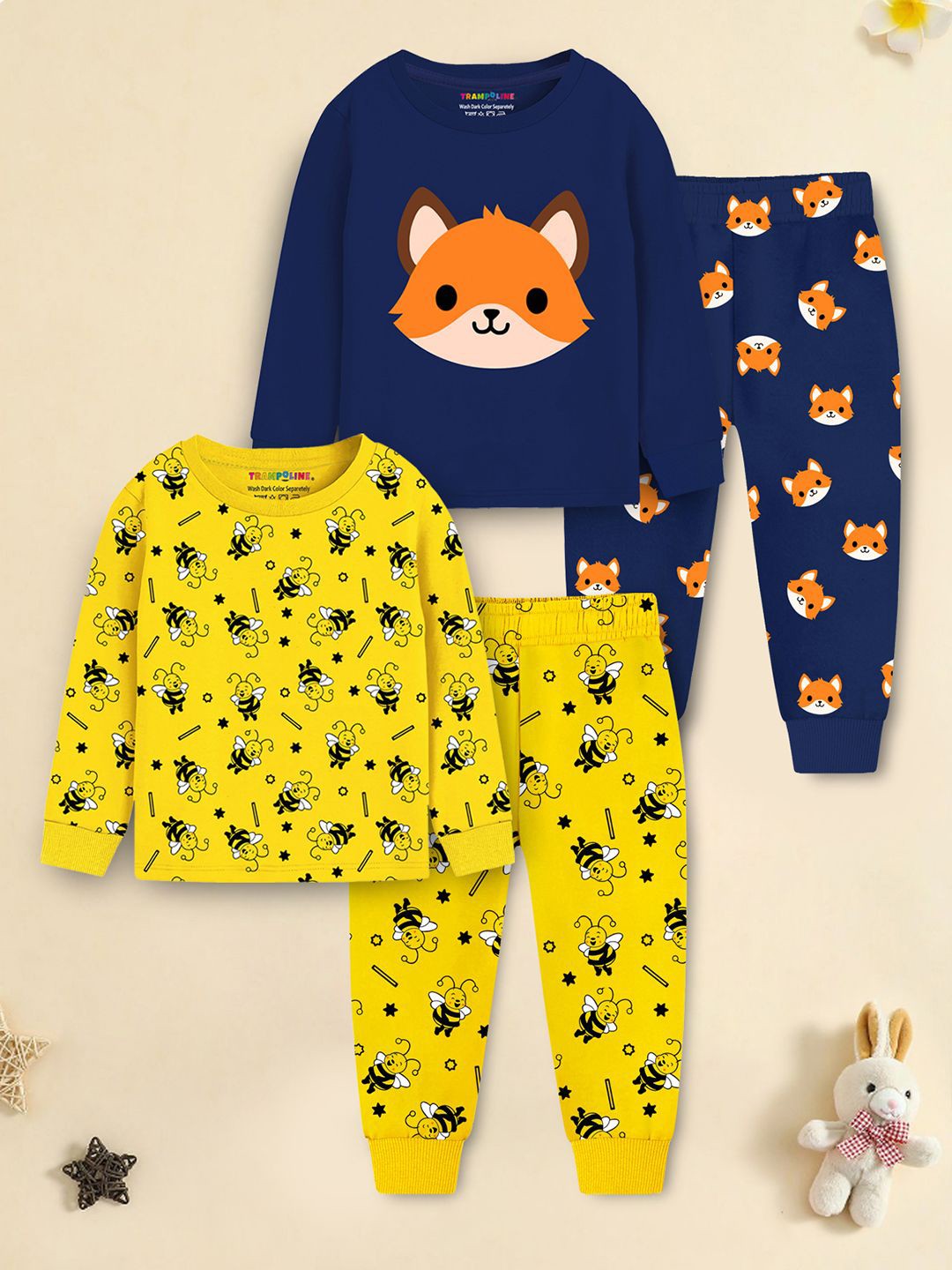 

YK X Trampoline Kids Pack Of 2 Printed Pure Cotton Night Suit, Yellow