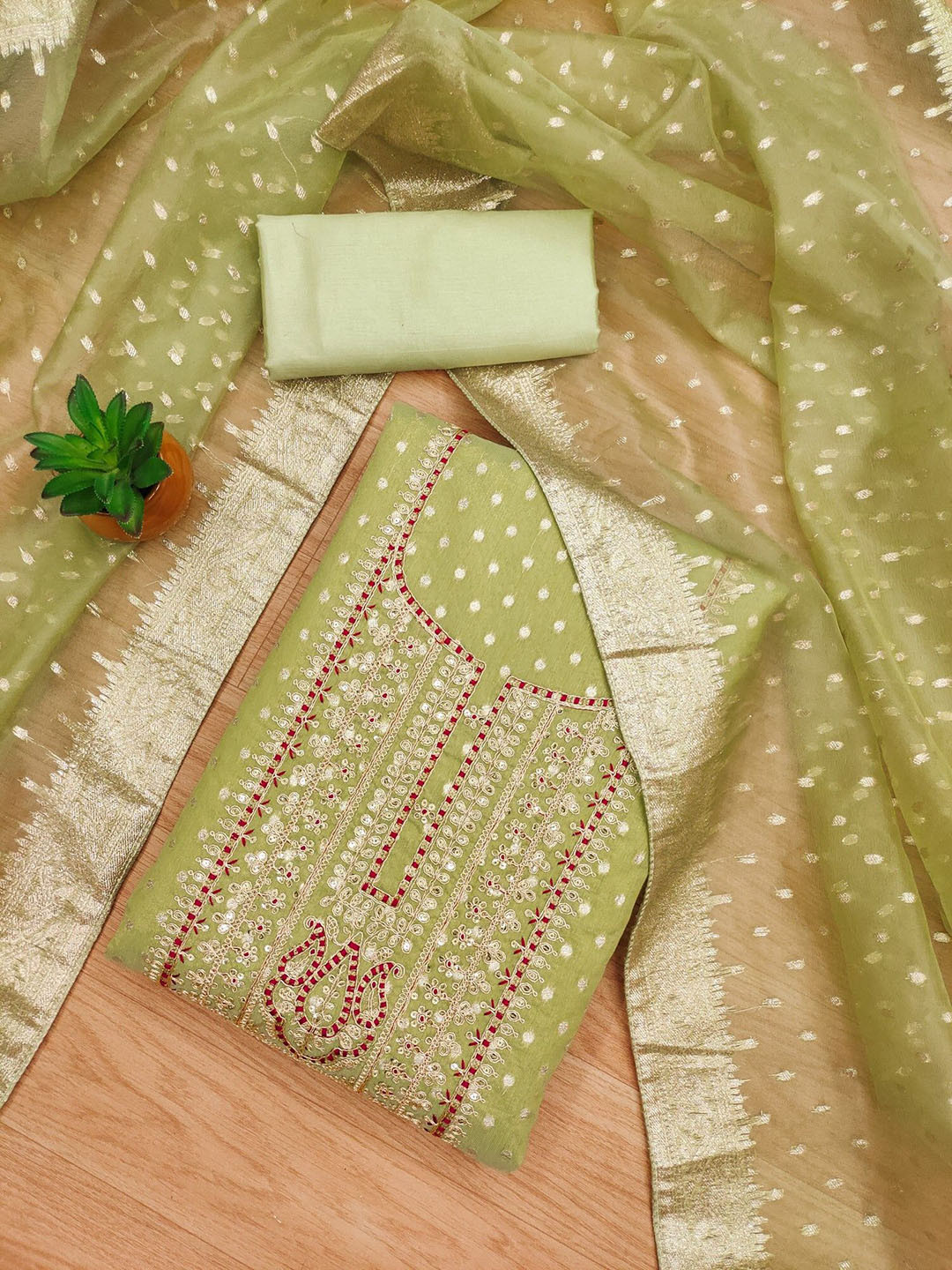 

Panzora Ethnic Motif Woven Design Zari Embroidered Unstitched Dress Material, Green