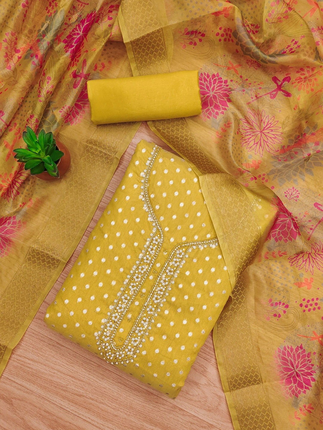 

Panzora Floral Woven Design Beads And Stones Embellished Unstitched Dress Material, Yellow