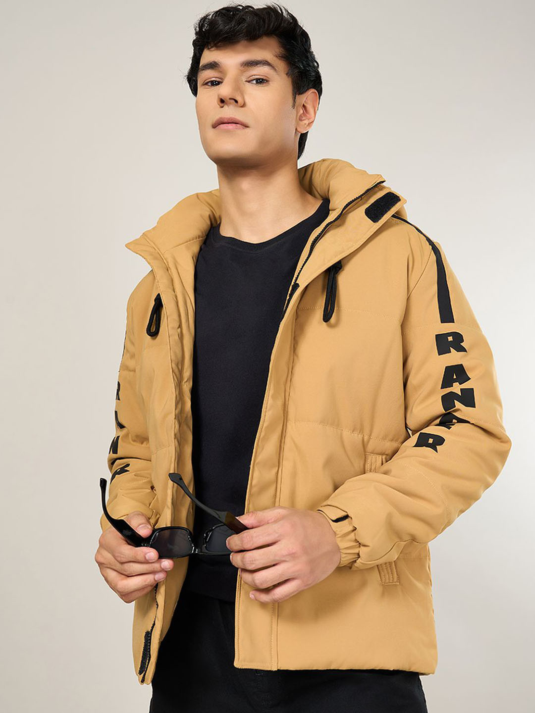 

Urban Ranger by pantaloons Men Hooded Typography Printed Casual Padded Jacket, Beige