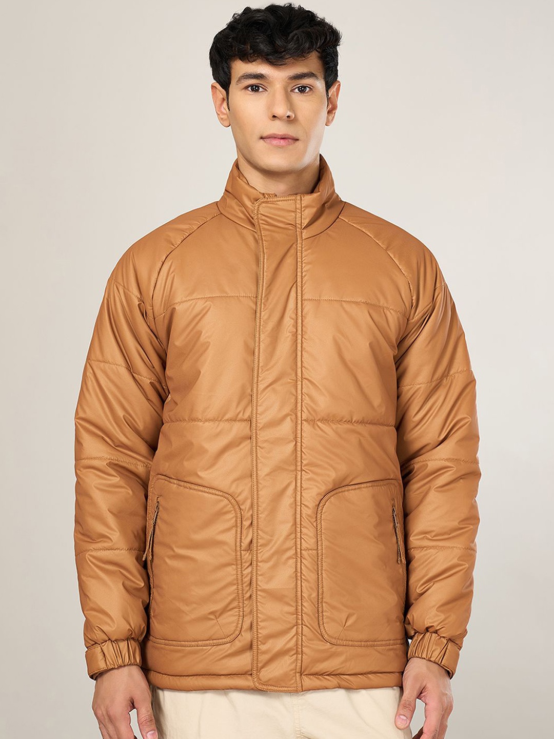 

Urban Ranger by pantaloons Men Mock Collar Solid Casual Puffer Jacket, Tan