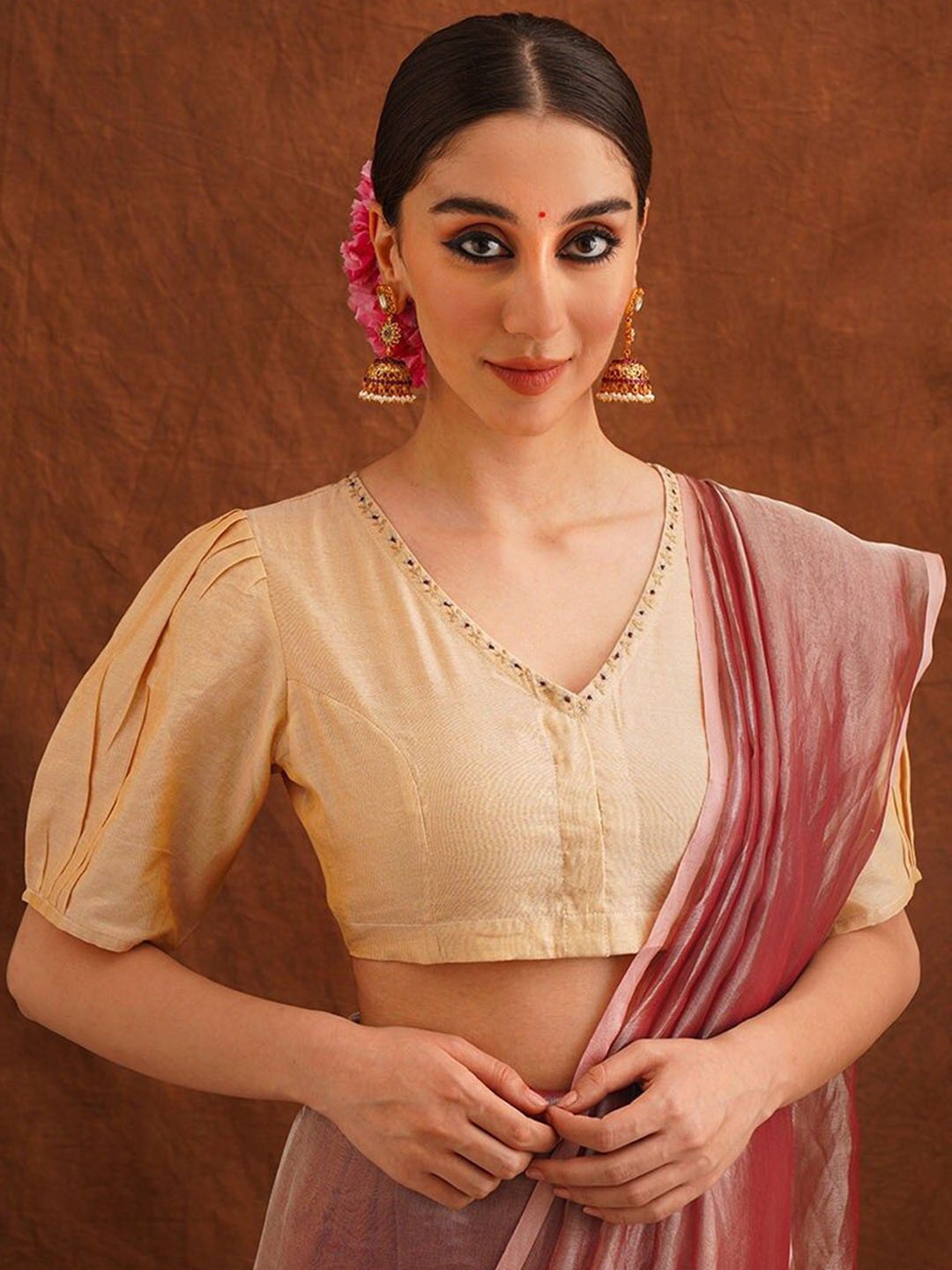 

JAYPORE Embroidered V-Neck Cotton Saree Blouse, Beige