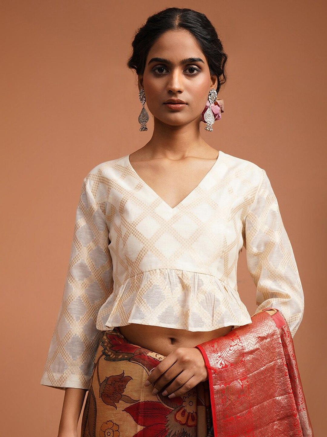

JAYPORE Women Woven Design V Neck Saree Blouse, White
