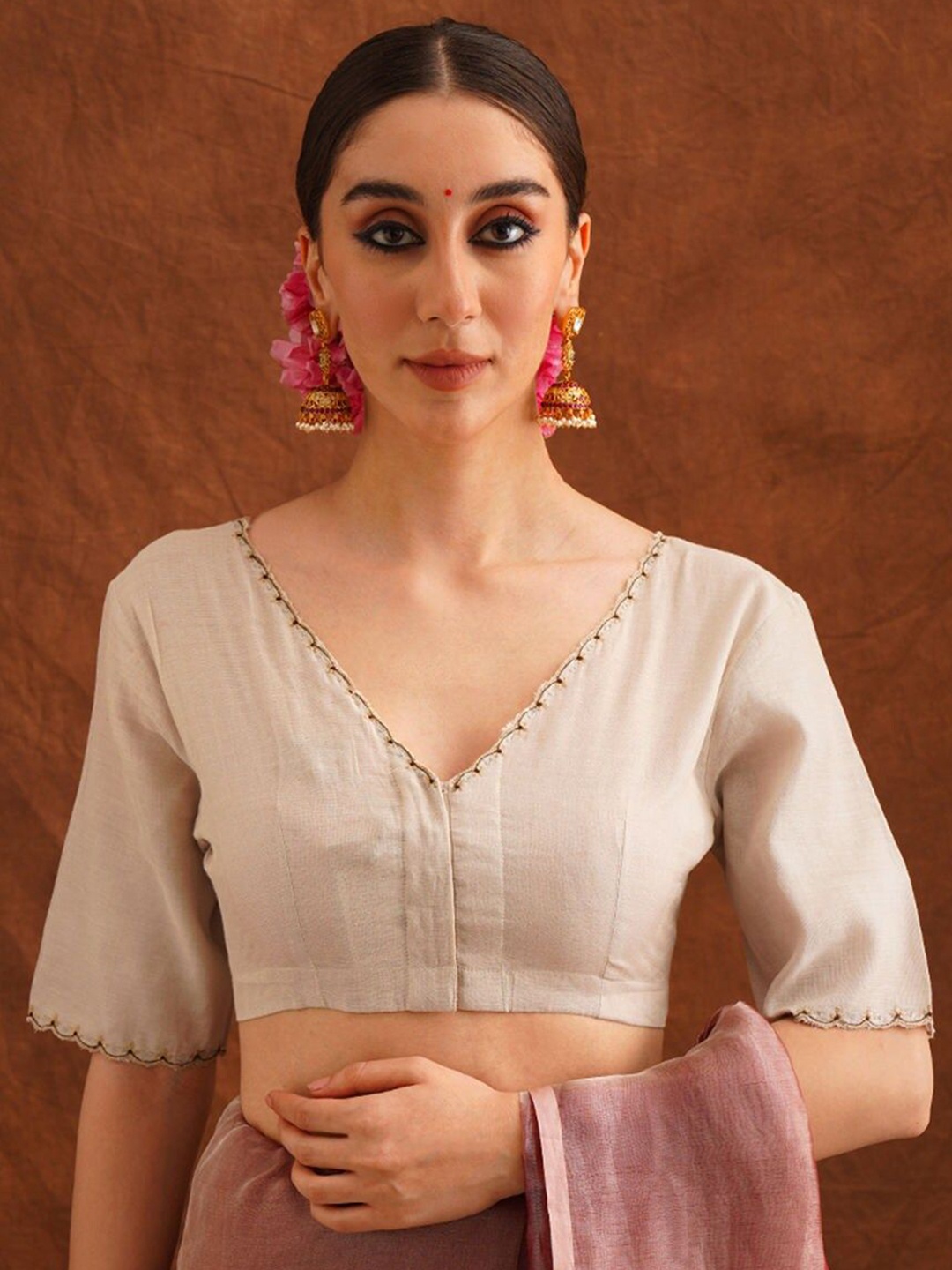 

JAYPORE Embroidered Cotton Saree Blouse, White