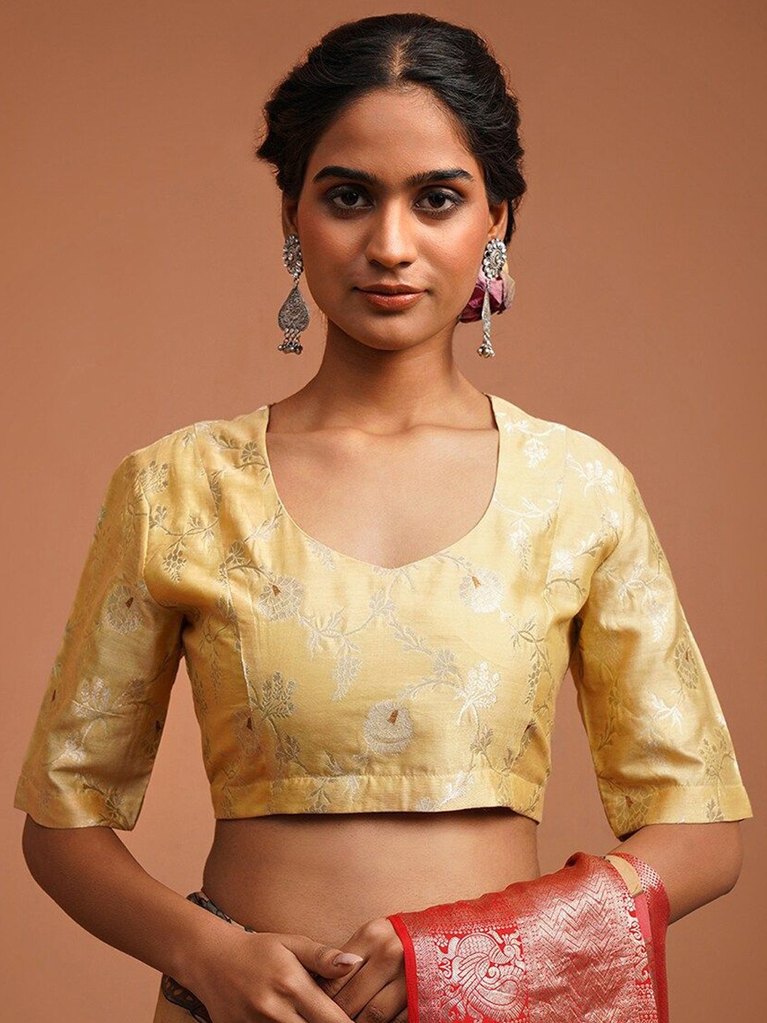 

JAYPORE Woven Design Round Neck Saree Blouse, Gold