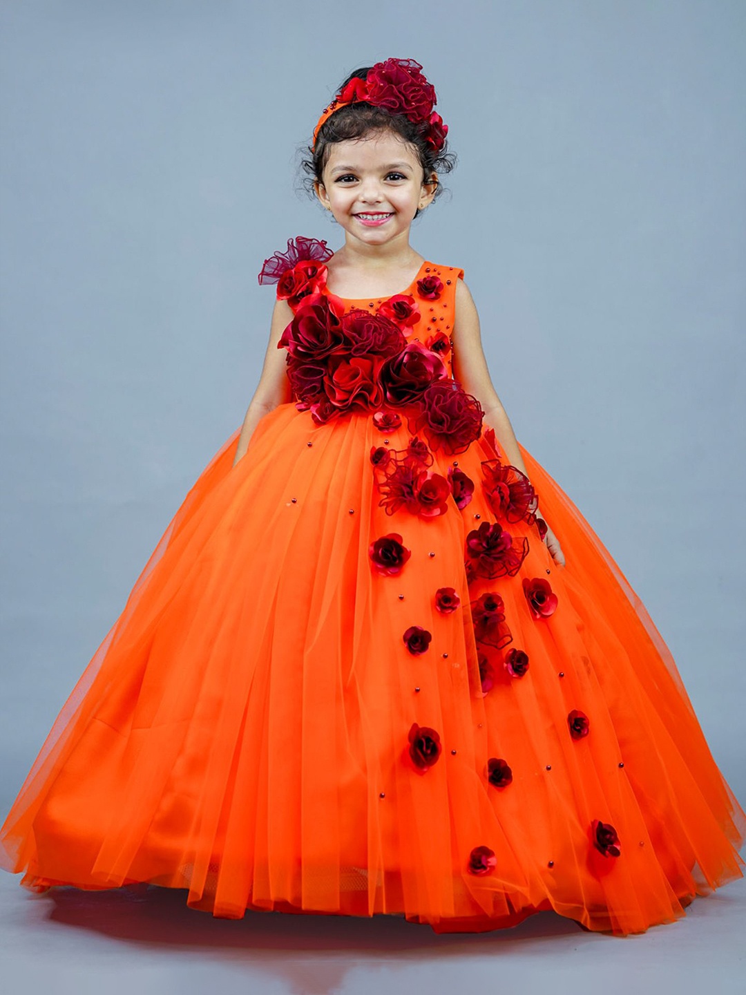 Li & Li Boutique Girls Embellished Net Maxi Dress, Orange