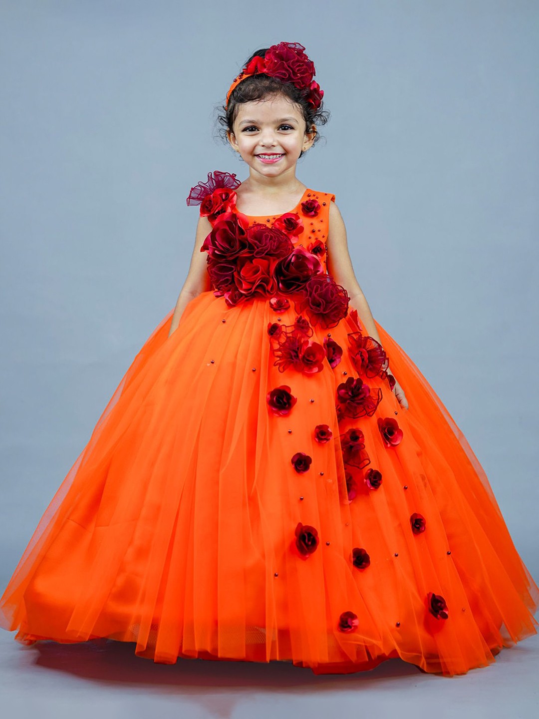 

Li & Li Boutique Girls Embellished Self Design Net Maxi Dress, Orange