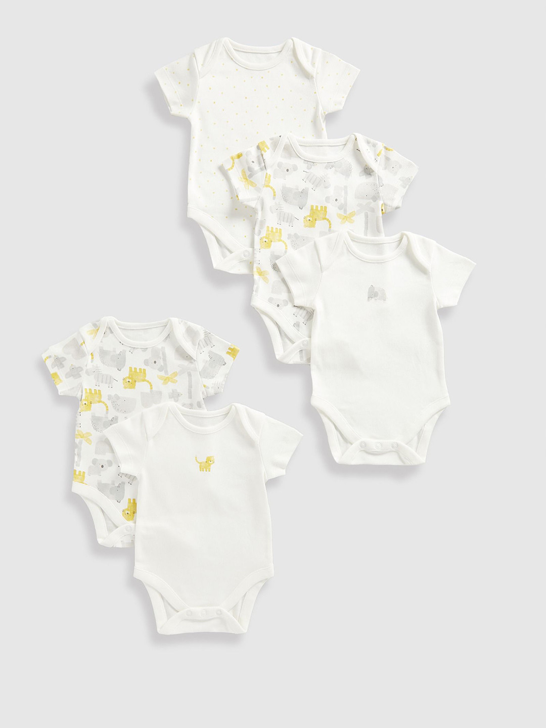 

mothercare Kids Pack Of 5 Cotton Printed Bodysuit, White