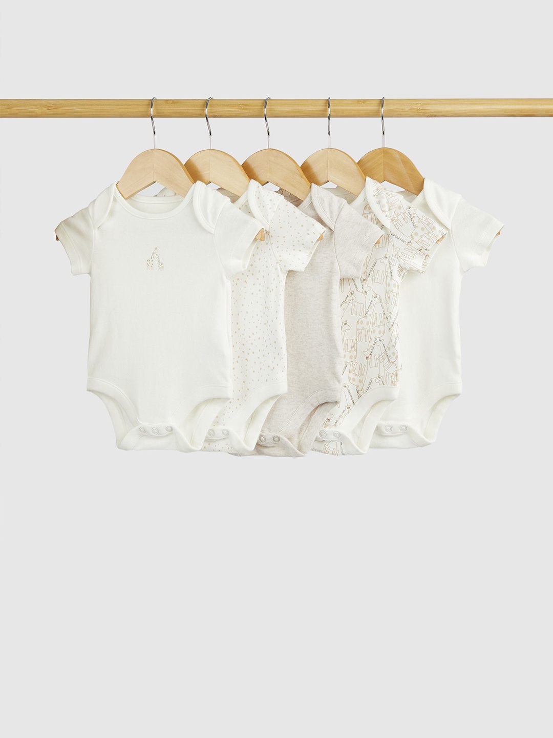 

mothercare Kids Pack Of 5 Printed Pure Cotton Half Sleeve Bodysuits, White