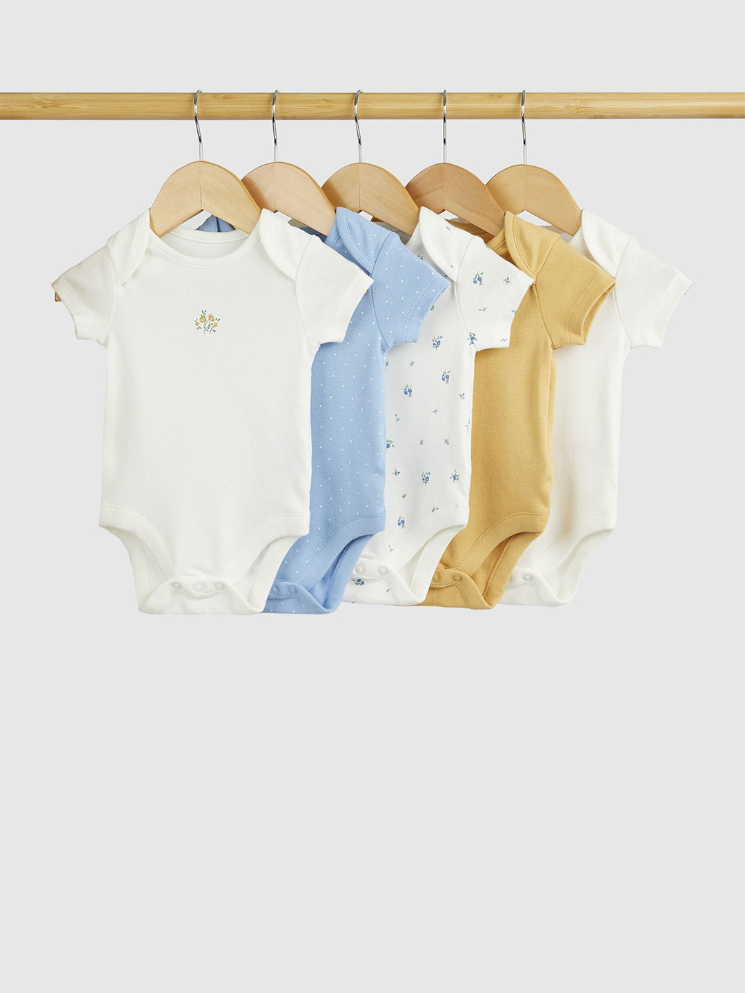 

mothercare Infant Girls Pack Of 5 Printed Pure Cotton Half Sleeve Bodysuits, White