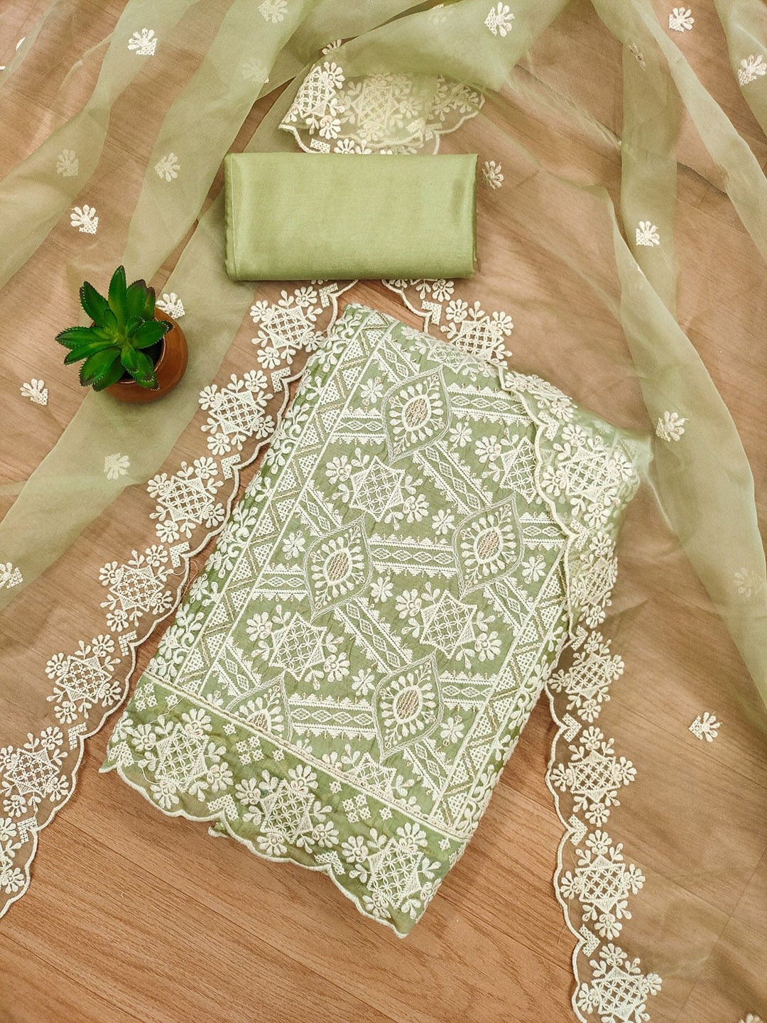 

Panzora Ethnic Motifs Embroidered Chanderi Unstitched Dress Material, Green