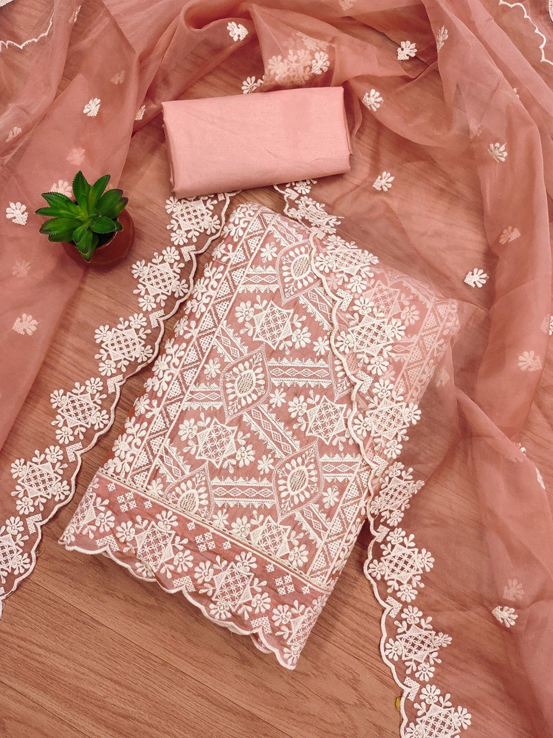 

Panzora Ethnic Motifs Embroidered Chanderi Unstitched Dress Material, Peach