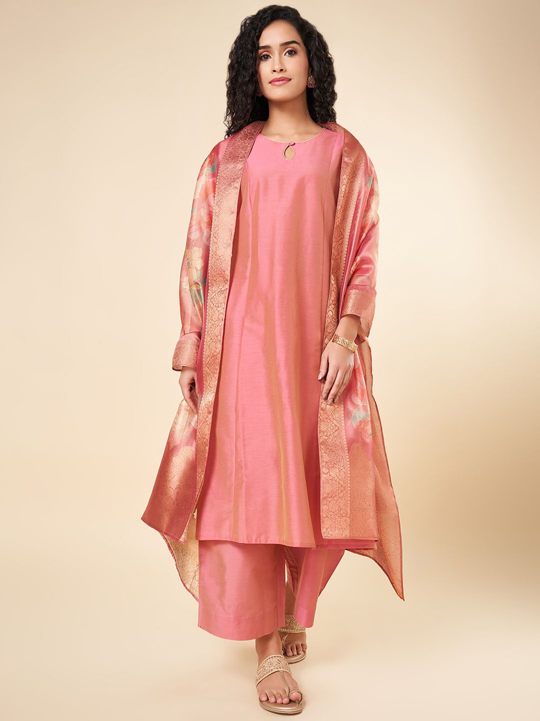 

RANGMANCH BY PANTALOONS Keyhole Neck A Line Kurta with Trousers & Dupatta, Rust