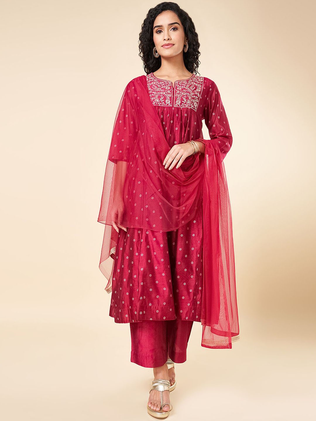 

RANGMANCH BY PANTALOONS Ethnic Motifs Embroidered A Line Kurta with Trousers & Dupatta, Maroon