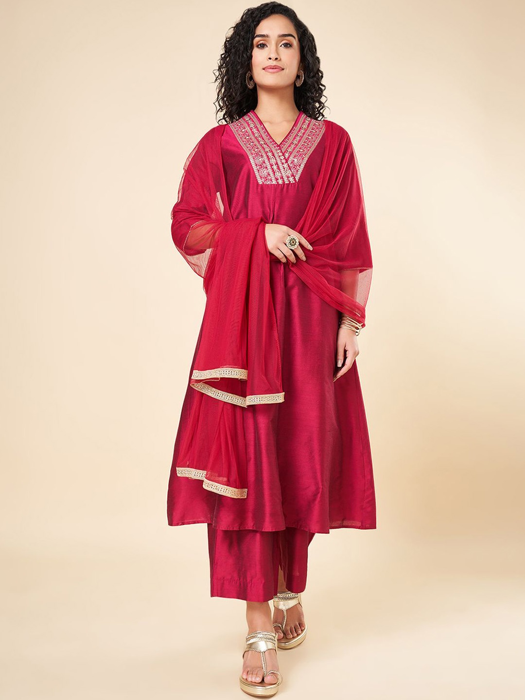 

RANGMANCH BY PANTALOONS Embroidered Anarkali Kurta with Trousers & Dupatta, Red