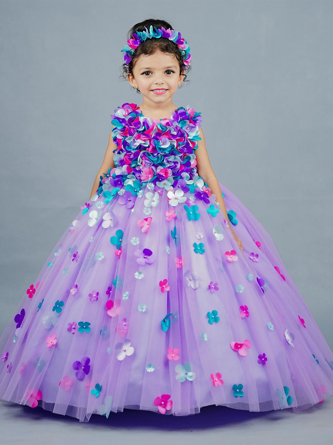 Li & Li Boutique Girls Floral Net Maxi Dress, Lavender