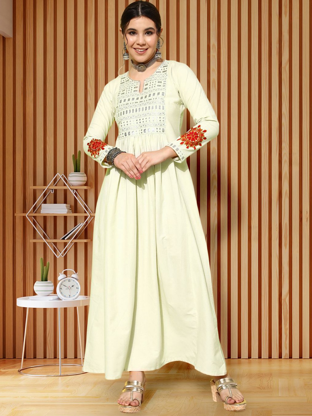 

Kvsfab Women Embroidered Cotton Fit & Flared Maxi Ethnic Dresses, Off white