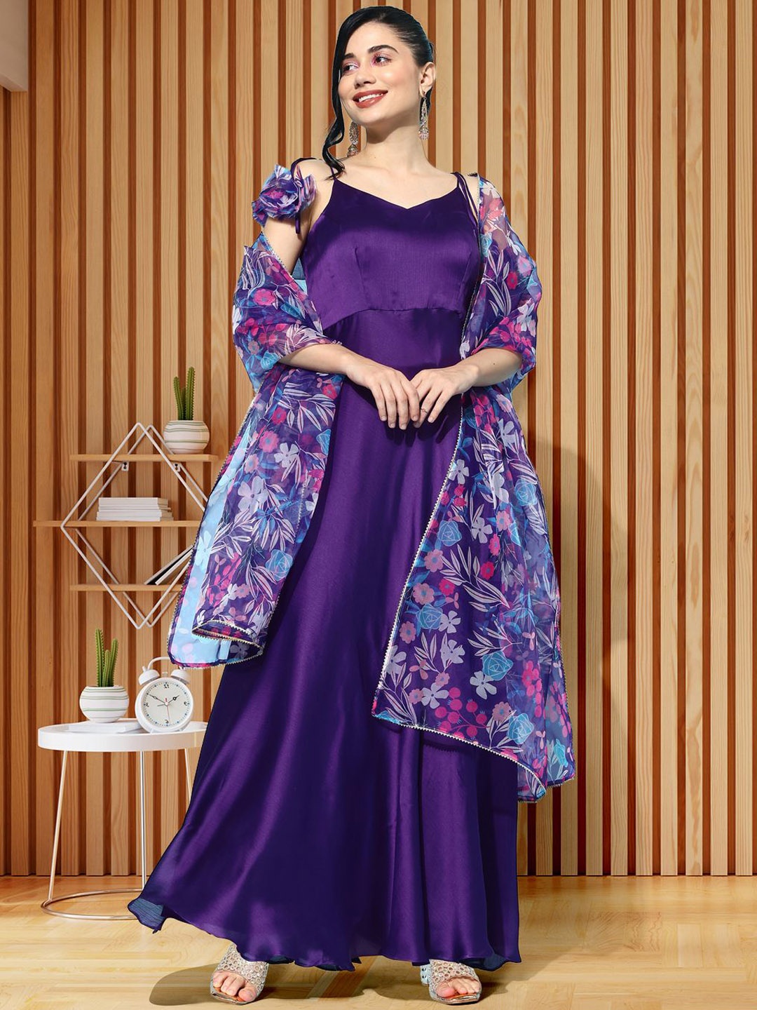 

Kvsfab Women Fit & Flared Maxi Ethnic Dress With Printed Dupatta, Purple