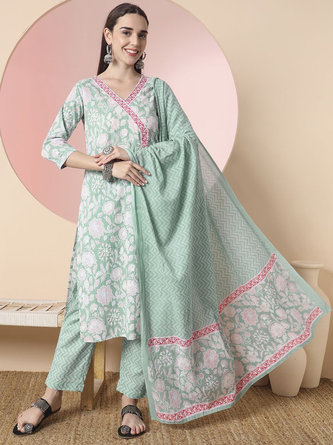 

Yufta Sea Green Floral Printed V-Neck Angrakha Pure Cotton Kurta With Trouser With Dupatta