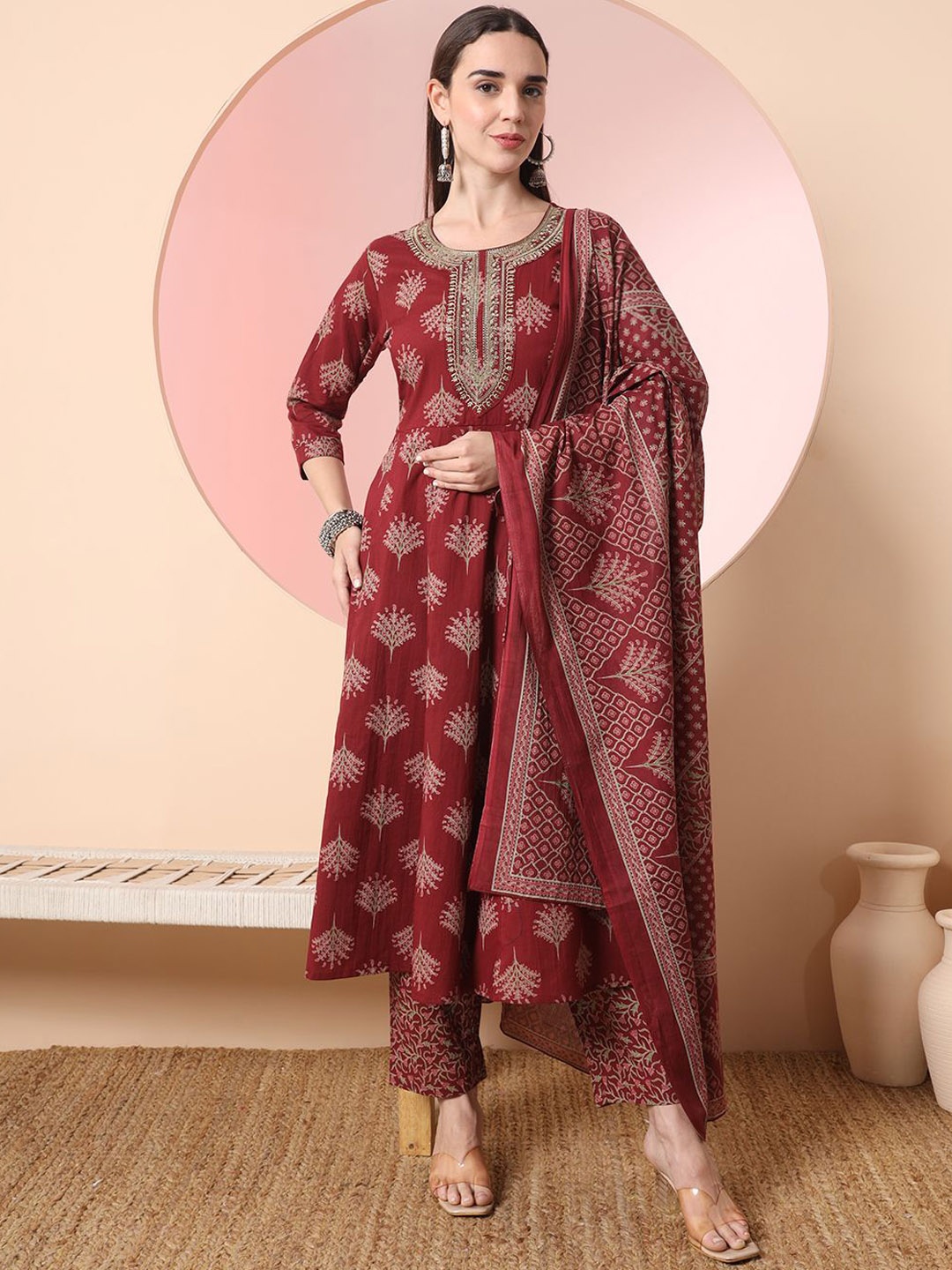 

Yufta Maroon Floral Printed Regular Thread Work Pure Cotton Kurta With Trouser & Dupatta