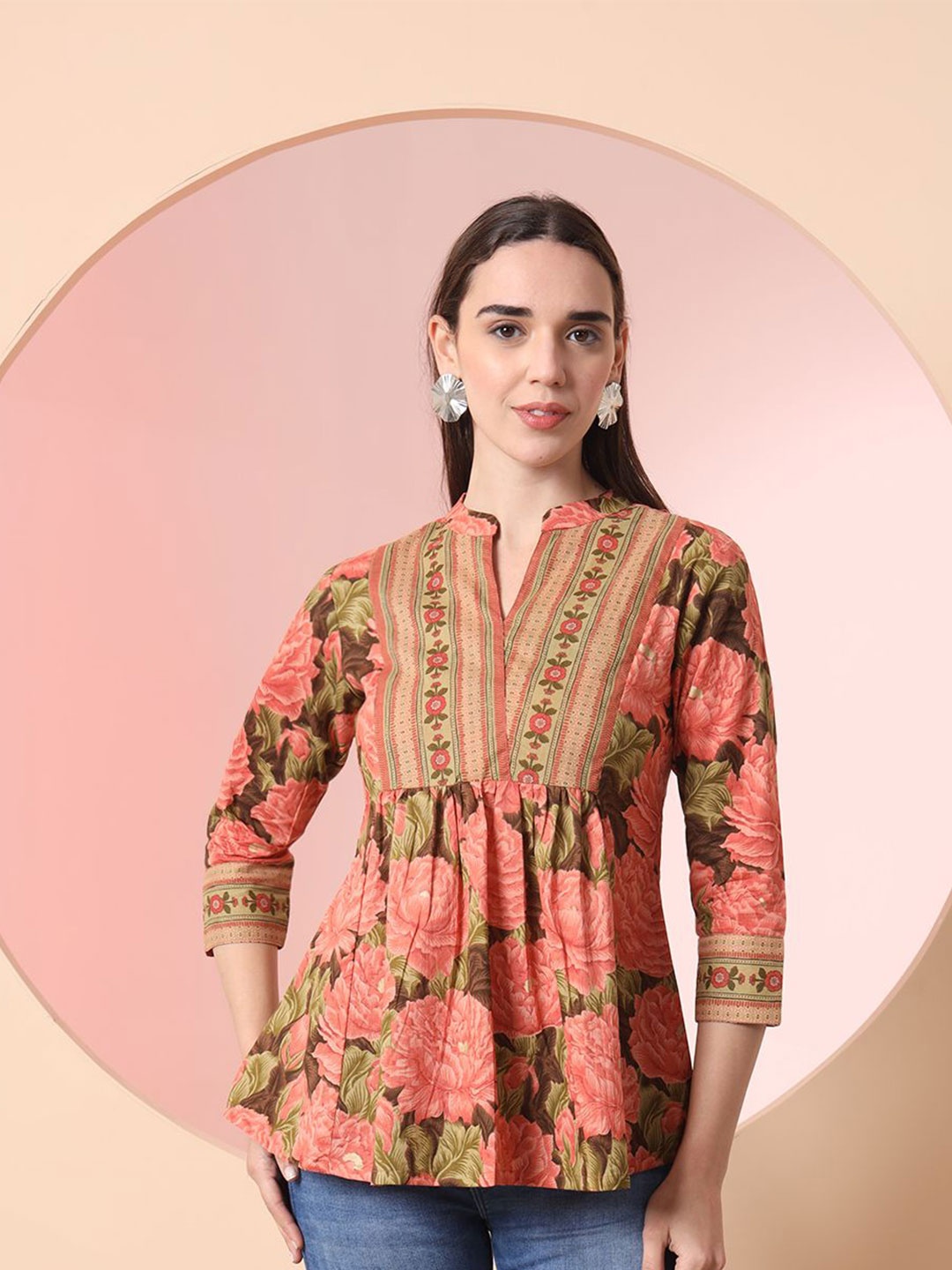 

Yufta Women Floral Printed Cotton Empire Top, Peach