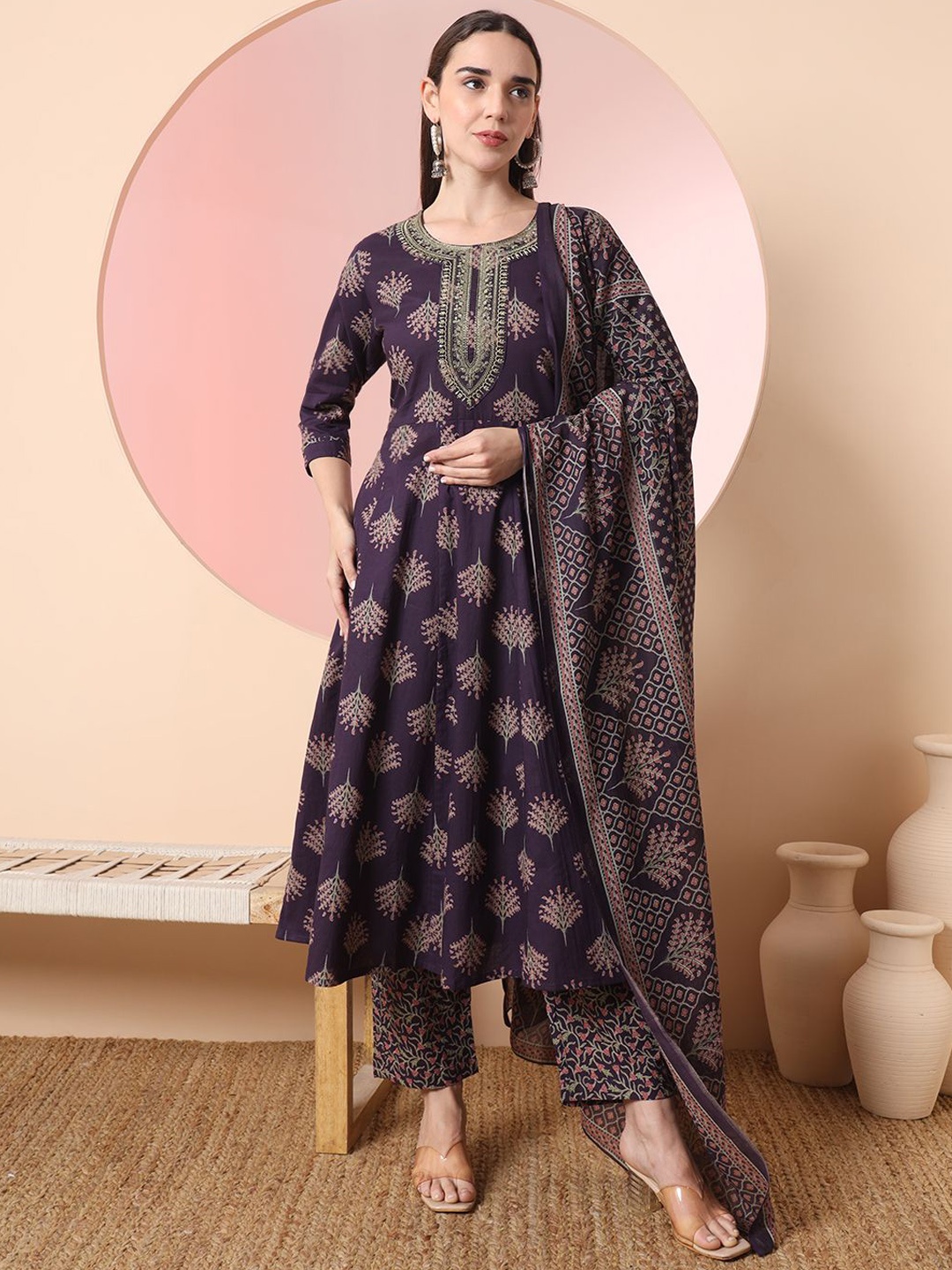 

Yufta Purple Floral Printed Regular Thread Work Pure Cotton Kurta With Trouser & Dupatta