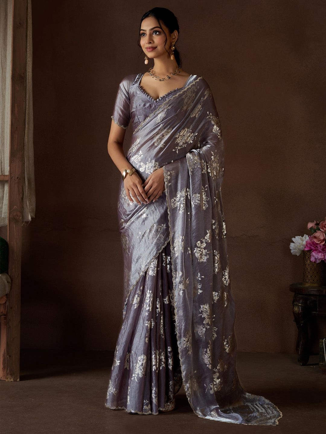 

Saree mall Floral Embellished Beads and Stones Pure Silk Sarees, Metallic